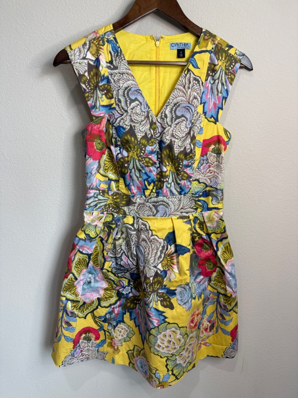 Cynthia Rowley Yellow Floral Fit And Flare Lined Dress Size 4